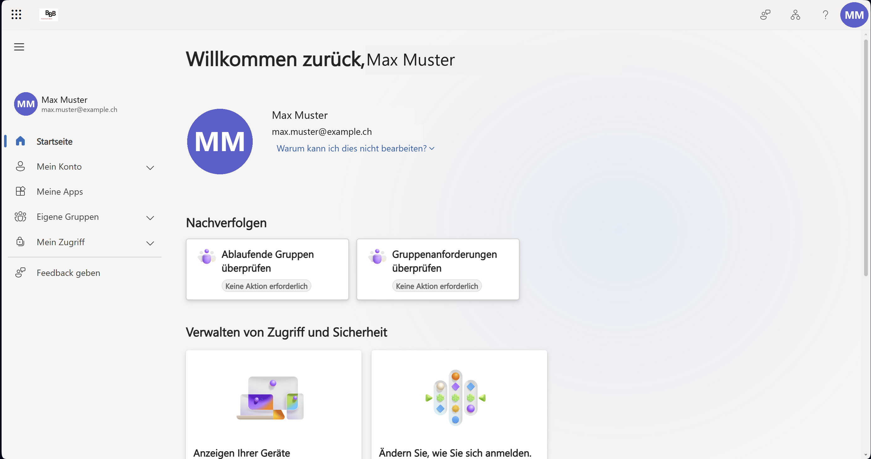 Die Startseite von Microsoft Mein Konto