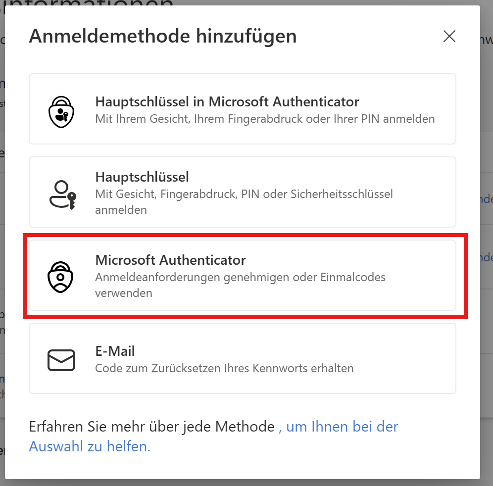 Microsoft Authenticator auswählen